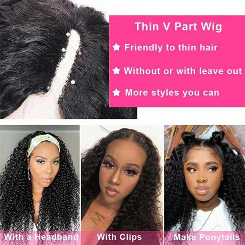 Virgin Human Hair Afro Kinky Curly V Part Wigs - 图片 8